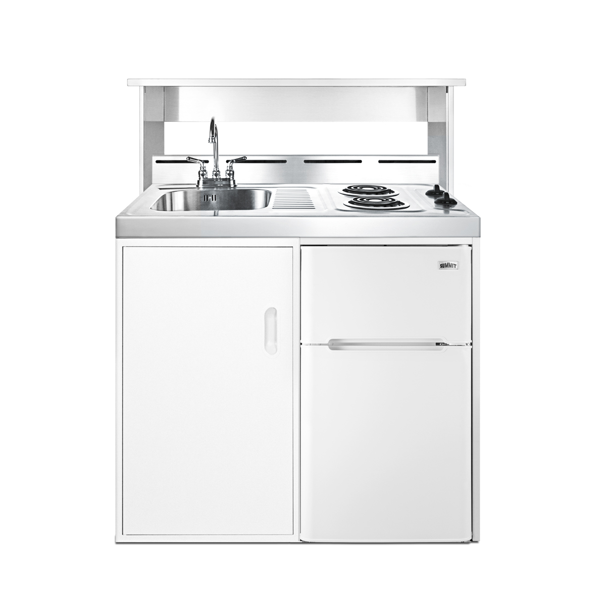 39 inch wide all-in-one kitchenette with 2-burner 115V coil cooktop, refrigerator-freezer, sink, and storage cabinet